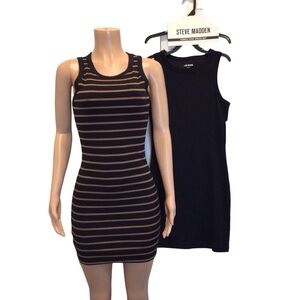 Steve Madden Ribbed Tank Dress Set Black Brown Striped Bodycon Size Small